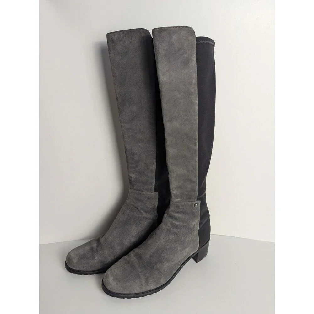 Stuart Weitzman Gray And Black 5050 Suede Knee‎ Boots Size 7.5M Stretch Low Heel